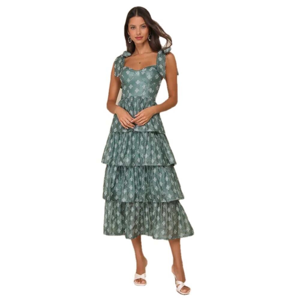 NWT Lulus Teal Green Floral Burnout Tiered Midi Dress